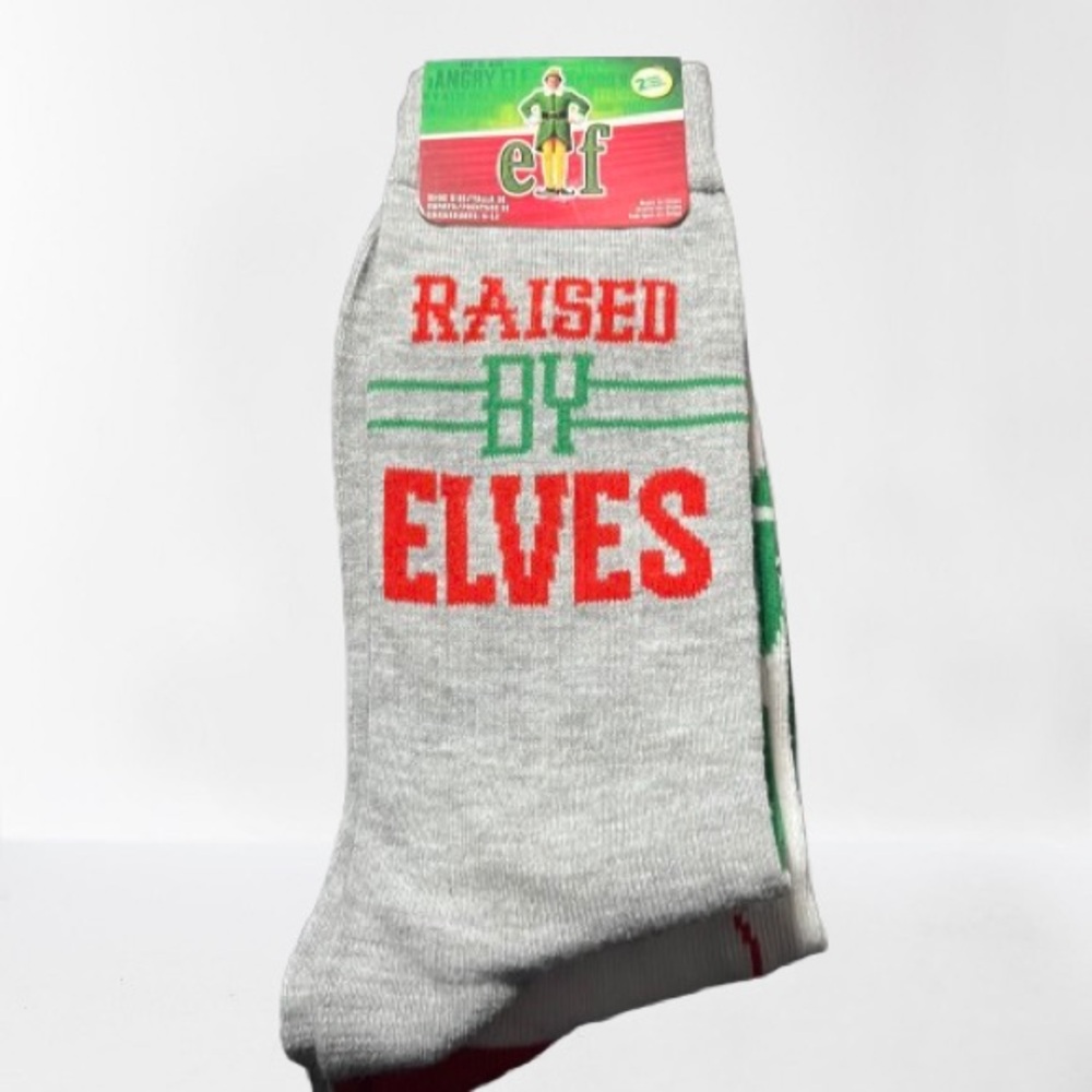 ELF Gray Socks with Festive Red and Green Design